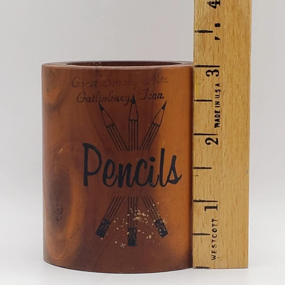 Wooden Pencil Holder Wood Cup Souvenir Great Smoky Mts Tennesse - MCM 60s/70s